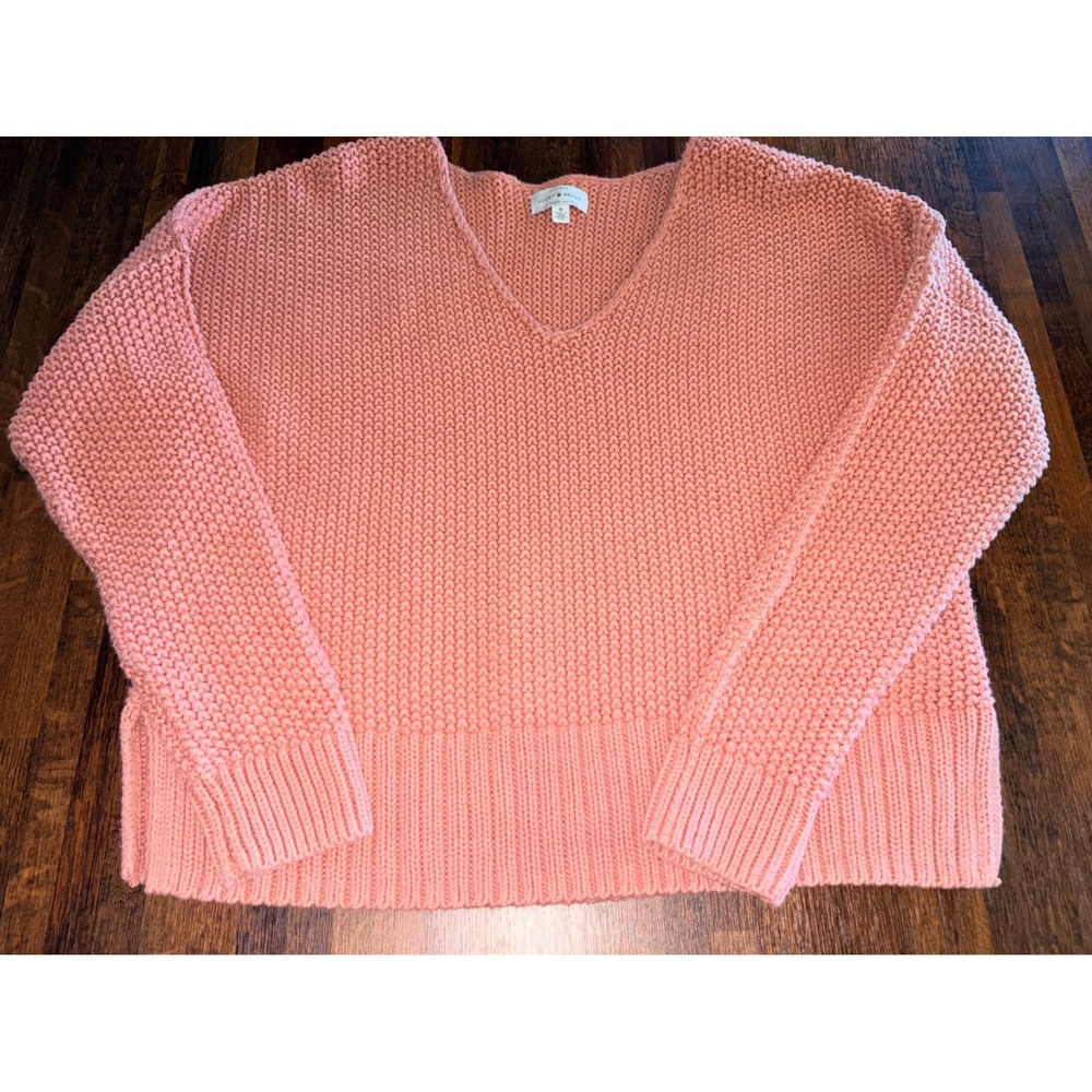 Lucky Brand Women Coral Pink V-Neck Chunky Garter Knit Sweater Size Medium